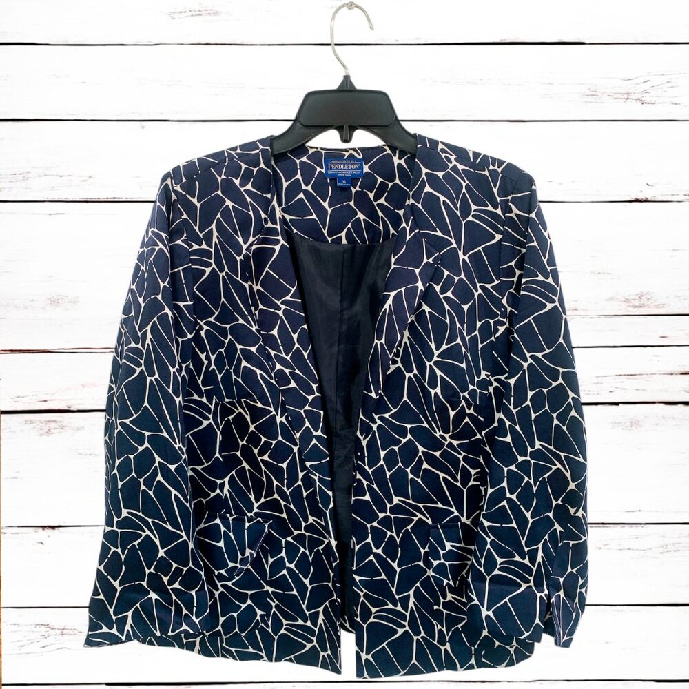 Pendleton Lightweight Silk Blend Open Front Blazer Size 16 Navy Blue & White